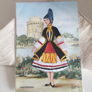 Vintage Single Silk Embroidered Vintage Postcard/ Silk Postcards/ Greek Dress Postcard/ Girl in Dress  Greek Postcard/ Silk Signed Postcards