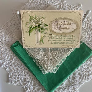 Vintage 1912 Lily Of The Valley Flower Easter Greeting Postcard/Gilt Accented Calligraphy Old Postcard / Beige/Green Floral Gilt Postcard