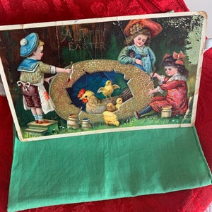 Vintage Gilt Accented Children's Easter Painting Egg Postcard Happy Easter Postcards/Colorful Easter Postcard/Kid's & Chicks Easter Postcard