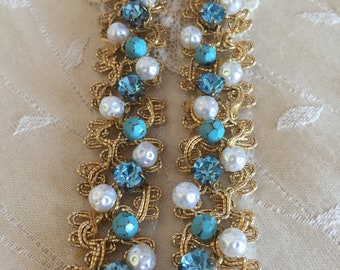 Gold Faux Pearl/Baby Blue Rhinestone/Faux Turquoise Beaded Trim/ Sewing Trim/ Sewing Supply/ Beaded 3d Edging Trim/ Gold Tone Beaded Trim