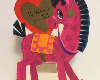 Vintage 1973 French Valentine's Day Card: Hallmark Children's Rocking Horse