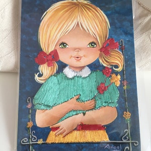 Vintage Single Silk Embroidered Postcard/ Blond Girl With Aqua Top Silk Postcard/ Old Greek Silk Postcards/ Blank Silk Embroidered Postcards