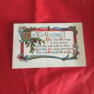 Vintage 1915 Embossed Red Blue Gold Green Holly New Year Greeting Ephemera Antique Postcard Gilt Old Fashioned Calligraphy Scroll Postcard