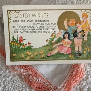 Vintage Children's Easter Gilt Accented Colorful Postcard/ Easter Chicks Daffodils Flower Postcard / Gold/ Yellow/ Pink/Blue Easter Postcard