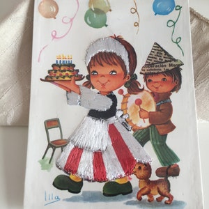 Vintage Single Silk Postcard/ Girl With Cake Silk Postcard / Blank Silk Postcard/ Colorful Silk Postcard/ Happy Birthday Blank Silk Postcard