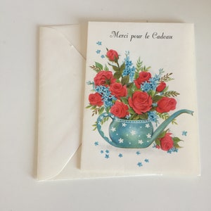 Vintage French Thank You For The Gift Card/Old Hallmark Card/Mini French 2 Flower Thank you For The Gift Card Forget Me knot & Red Rose Card