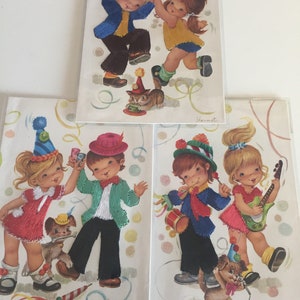 Vintage Trio Birthday Silk Postcards/  Dancing Children's Silk Embroidered Postcards/ Blank Vintage Silk Embroidered Postcards Birthday
