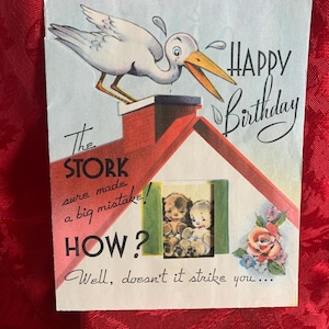 Vintage Color Children's Birthday Card /Vintage kid's Birthday Card/ Stork & Children Them Birthday Card/ Single Children's Birthday Card