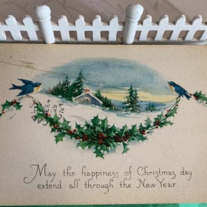 Vintage 1929 Christmas Scene Cabin In The Woods Holly Sprig & Blue Birds Postcard/ Small Vintage Postcards/ 1929 Ephemera Christmas Postcard