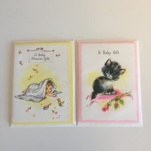 Vintage Small Mini Square Colorful Animated Baby Shower Gift Cards/ Vintage Baby Shower Ephemera/ 2 Vintage Blank Small Baby Shower Cards/