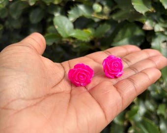 Dark Pink Resin Flower Earrings-1 inch Width