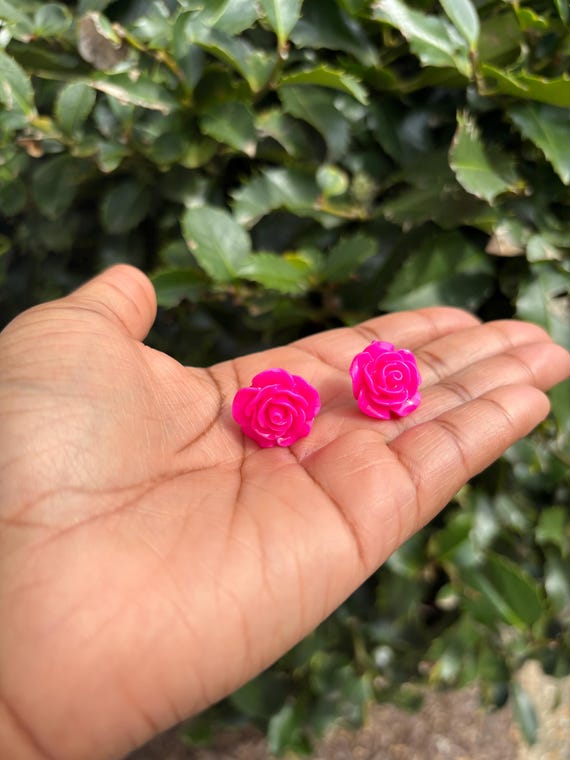 Dark Pink Resin Flower Earrings-1 inch Width