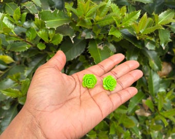 Green Resin Rose Earrings: Handmade Floral Jewelry, Nickel-Free
