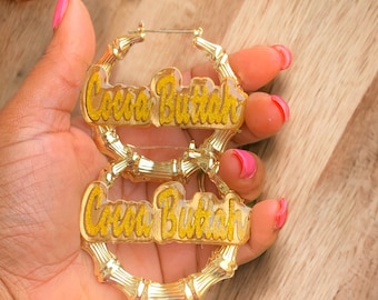 Personalized Bamboo Hoop Earrings: Custom Name Freaknik Style