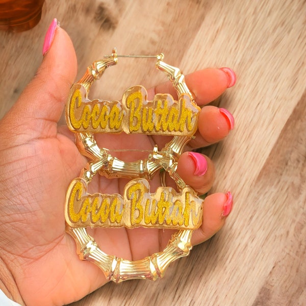Personalized Bamboo Earrings with Custom Name - Perfect for Freaknik Style