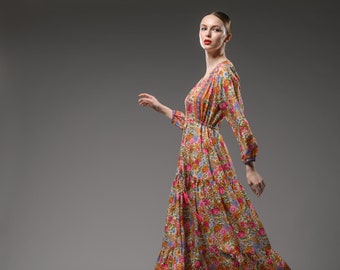Robe inspirée de Boho | Robe de mode gitane à imprimé floral | Tenue élégante à manches longues à imprimé floral | Robe de festival hippie | Robe en rayonne douce