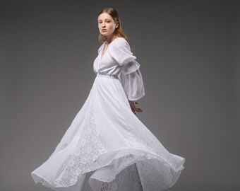 Robe Maxi Bohème Blanche | Robe | Robe à manches cloche de style romantique | Robe longue bohème en coton | Tenue de festival hippie | Enceinte Robe