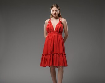 Rotes Boho Kleid aus Baumwolle | Spaghettiträger Kurzes Kleid | Elegantes Boho Rüschen Baumwollkleid | Hippie Festival Rückenfreies Kleid
