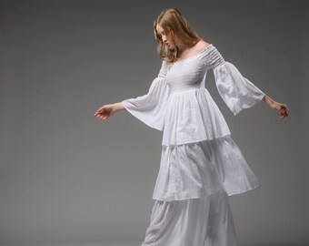 Weißes Boho Gesmoktes Mieder Kleid | Romantischer Stil Beige Langes Kleid | Boho Maxikleid aus Baumwolle | Gesmoktes Mieder Elegantes Hippie Outfit.