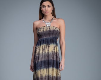 Trägerloses Batik Kleid | Gesmoktes Mieder Langes Kleid | Boho Chic Resort Wear Kleid | Gestricktes Netz Rücken Detail Kleid |Einzigartiges handgefertigtes Kleid