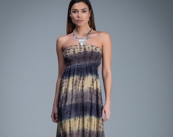 Robe tie-dye sans bretelles | Robe longue à corsage smocké | Robe Boho Chic Resort Wear | Robe tricotée en filet dans le dos | Robe unique faite à la main