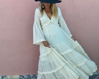 Off White Boho Kleid | Creme Langarm Kleid | Romantisches Kleid aus Baumwolle | Baumwoll Brautkleid |Vintage Hippie Festival Kleid.