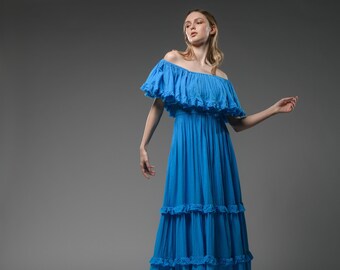 Robe en coton bleu Boho | Robe maxi élégante et chic | Robe Boho en coton bleu à volants | Robe dos nu Hippie Festival | Robe longue gitane