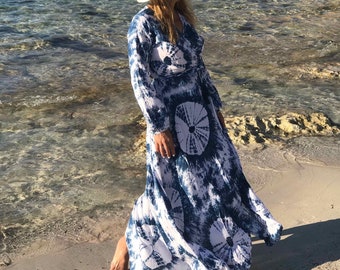 Tie dye wrap dress, Boho long dress, Long sleeve resort wear dress, Unique loose fit boho chic dress, Blue rayon women clothing, Maxi dress.