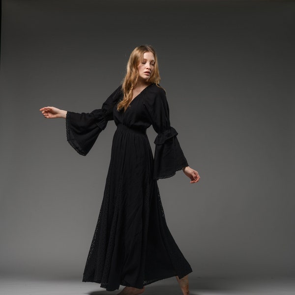 Robe bohème noire | Robe vintage noire à manches longues | Robe longue en dentelle bohème | Tenue de festival hippie | Robe enceinte | Robe de mariée noire