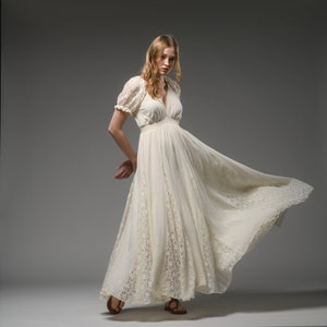Off White Boho Chic Dress | Romantic Style Beige Long Dress | Bohemian Cotton Short Sleeve Dress | Hippie Festival Outfit |Lace Detail Dress