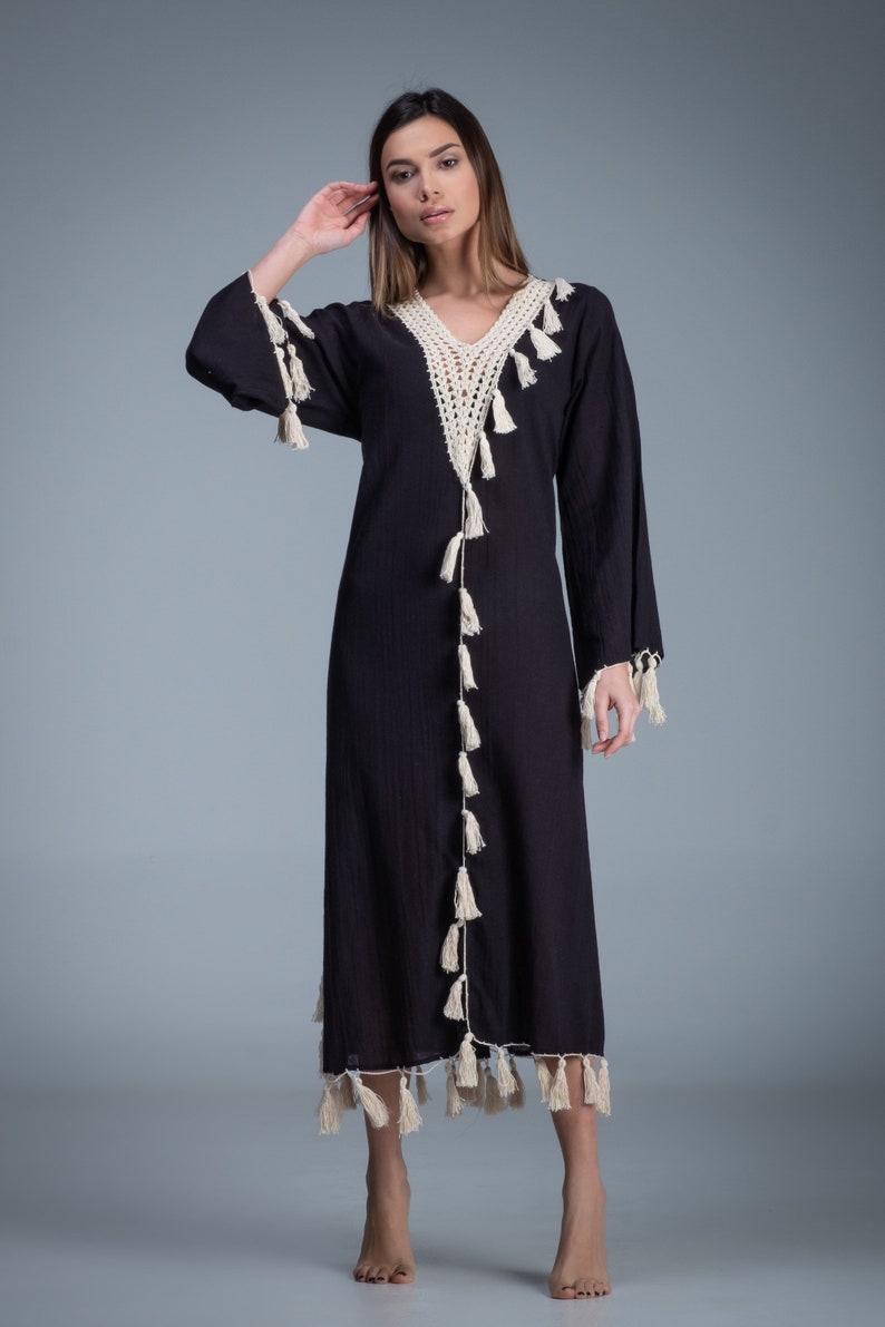 Boho Kaftan Dress Black Cotton Kaftandress Long Bell Sleeve Etsy