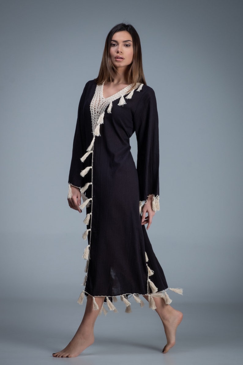 Boho Kaftan Dress Black Cotton Kaftandress Long Bell Sleeve Etsy