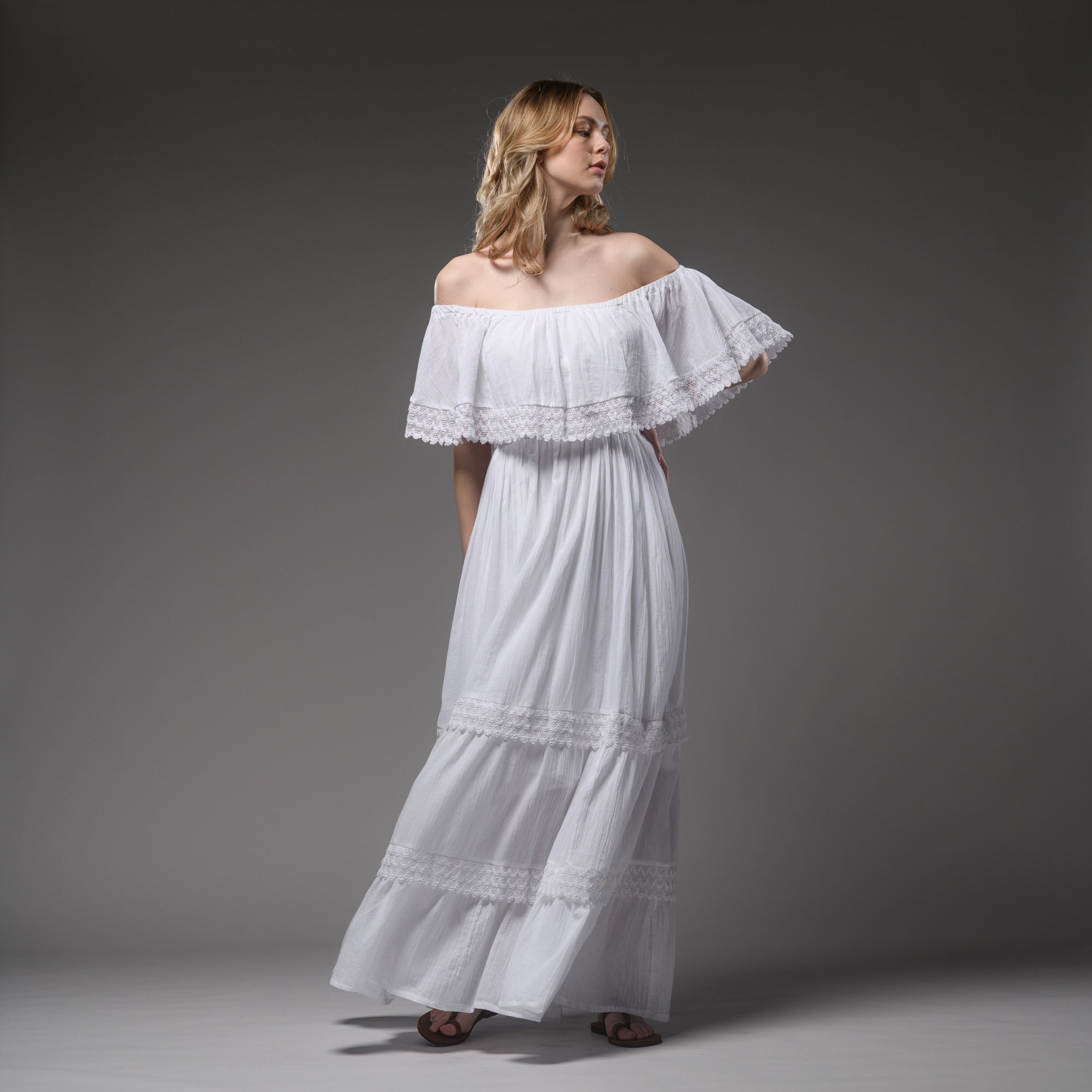 White Cotton Bohemian Dress Romantic Maxi Dress Elegant Cotton Wedding  Dress Hippie Festival Lace Detail Dress pregnant Dress 