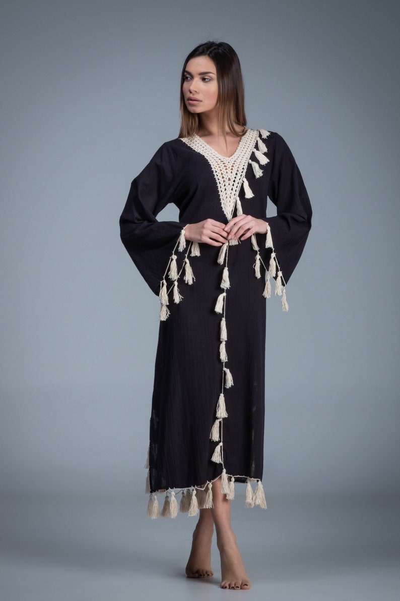 Boho Kaftan Dress Black Cotton Kaftandress Long Bell Sleeve Etsy