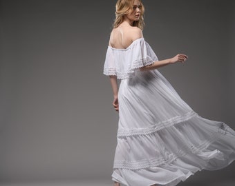 White Cotton Bohemian Dress Romantic Maxi Dress Elegant Cotton Wedding  Dress Hippie Festival Lace Detail Dress pregnant Dress 