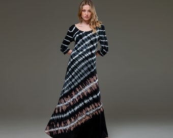 Tie-dye maxi-jurk | Lange uitgerekte jurk | Artistieke jurk met tie-dye-patroon | Hippiefestivaloutfit | Boho chique jurk | Gotische jurk.