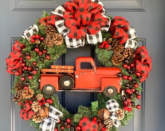 Buffalo Check Wreath - Red Truck - Christmas Wreath - Holiday Wreath - Wreath - Front Door Wreath - Holiday Decor - Home Decor
