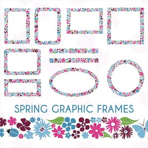 Molduras para fotos florais em PNG com estampas coloridas de primavera. Bordas digitais de flores fofas e alegres. Molduras decoradas em SVG com floreios para a Páscoa. Ilustração festiva.