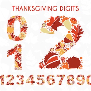 Thanksgiving geïllustreerde png-nummers. Oogst kleurrijke numerieke clipart. Decoratieve kerstcijfers van de herfst. Feestelijke digitale herfstnummers.