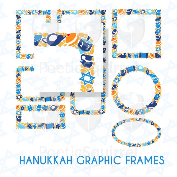 Hanukkah digital decorative frames. Jewish holidays PNG & SVG  framing. Light elements clipart. Hanukkah graphic symbols. Photo decoration.