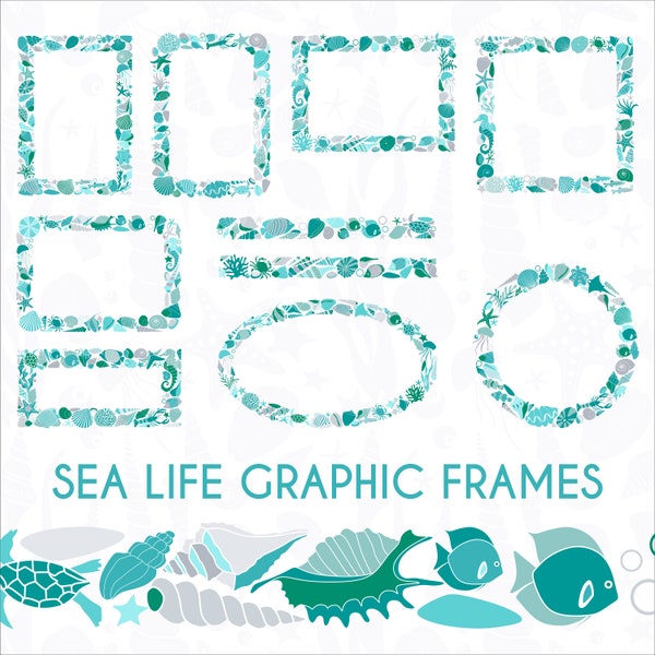 Tiffany Summer shells PNG Frames. Sealife Graphic Rectangle SVG Clip Art. Oceane Frame Art Decoration. Sea creatures Images Border Designs.