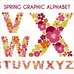 Letras mayúsculas digitales para preescolar de primavera. Alfabeto ilustrado de aprendizaje de jardín de infantes Flourish. Fuentes PNG florales. Conjunto floreciente de la A a la Z.
