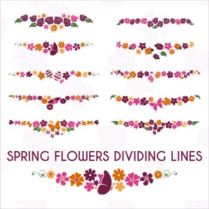 Floral SVG kolorowe dzielniki tekstu. Elementy wiosenne cyfrowe linie podziału. Kwiat PNG graficzny clipart obramowania. Ozdoba w postaci klipartu Flourish.