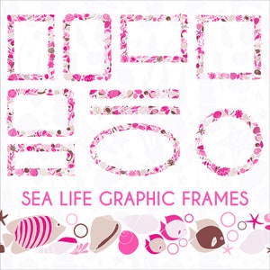 Cornici grafiche per foto di elementi di vita marina rosa. Cornice decorativa colorata del bordo dell'illustrazione dell'oceano. Set di cornici PNG per pagine ornate di conchiglie.