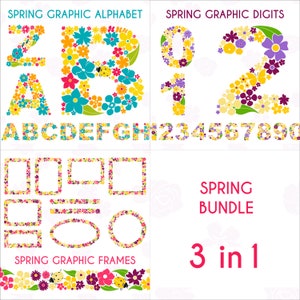 Paquete de gráficos florales PNG y SVG. Marcos primaverales coloridos con ilustraciones. Diseños de fuentes con toques de aprendizaje. Imágenes prediseñadas de dígitos florecientes y decorados.