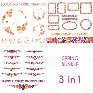 Bloeiende kleurrijke schattige SVG-lijstbundel. Lenteplezier afgeronde vormvormen PNG-clipart. Feestelijke geïllustreerde digitale bloemenranddecoraties.