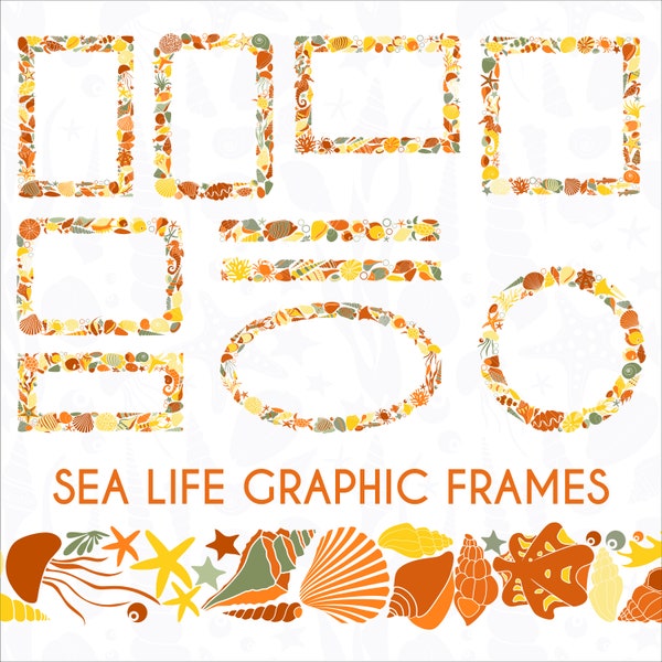 Cadres numériques décoratifs sur le thème de la mer. Cadre photo coquillages et créatures marines. Bordures PNG et SVG d'éléments marins colorés et vifs.