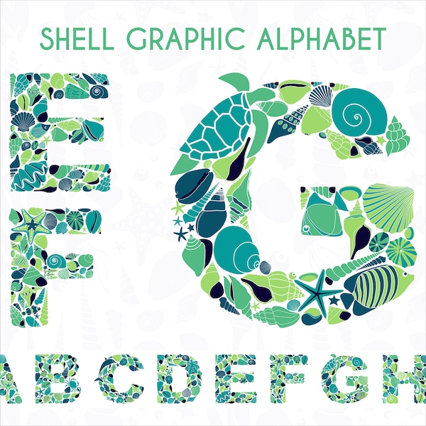 Green ocean clipart alphabet set. Shells and sea creatures boy's letters illustrations. Sealife marine digital alpha set. Summer PNG clipart