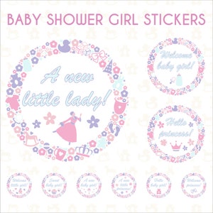 Set di adesivi rotondi digitali per baby shower in rosa e viola. Adesivi PNG e SVG per baby shower in tenui colori pastello per inviti, biglietti e regali.