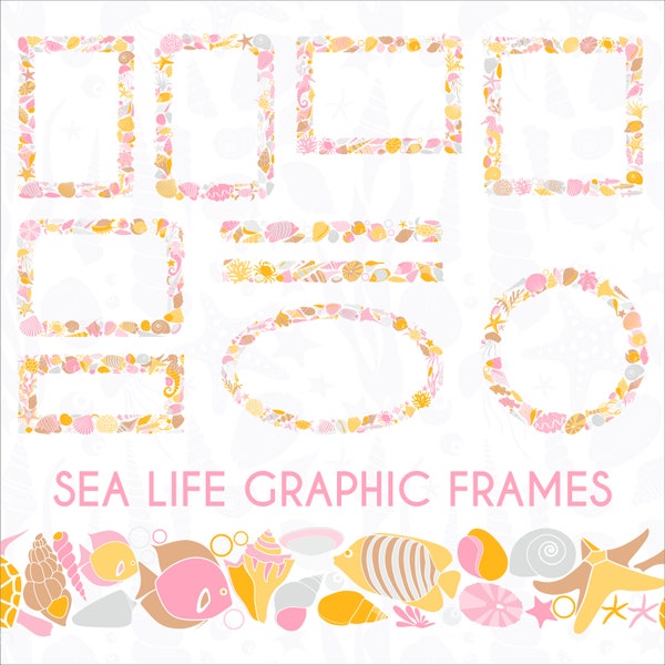 Colorful Summer SVG frames. Unique sealife photo festive digital framing. Seashell PNG border frame decoration. Marine page borders decor.